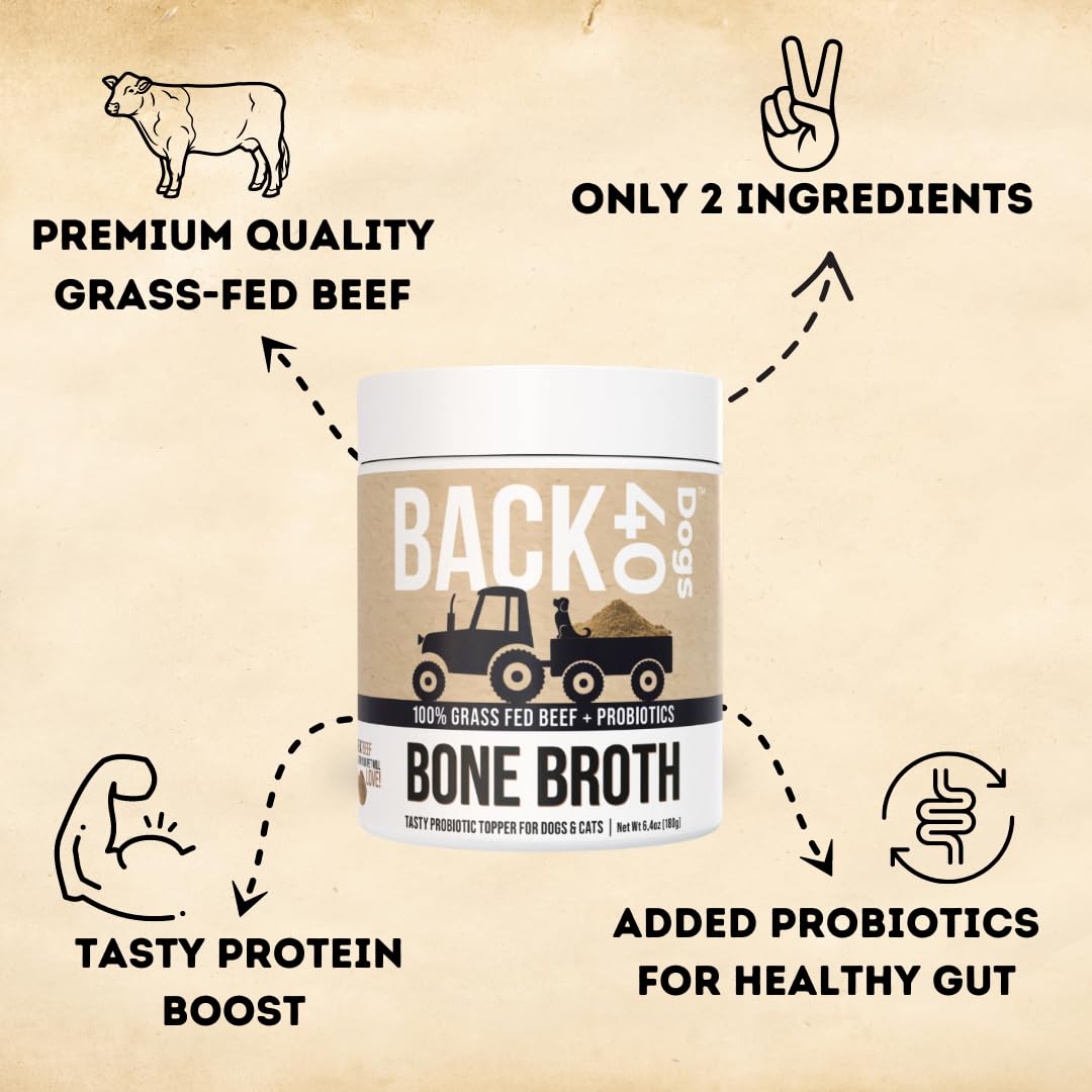 Back 40 Dogs Grass-Fed Beef Bone Broth Powder for Dogs with Probiotics, Chondroitin & Glucosamine – Supports Gut Health, Joint & Immune System – Human Grade Dog Food Toppers for Picky Eaters, 6.4oz