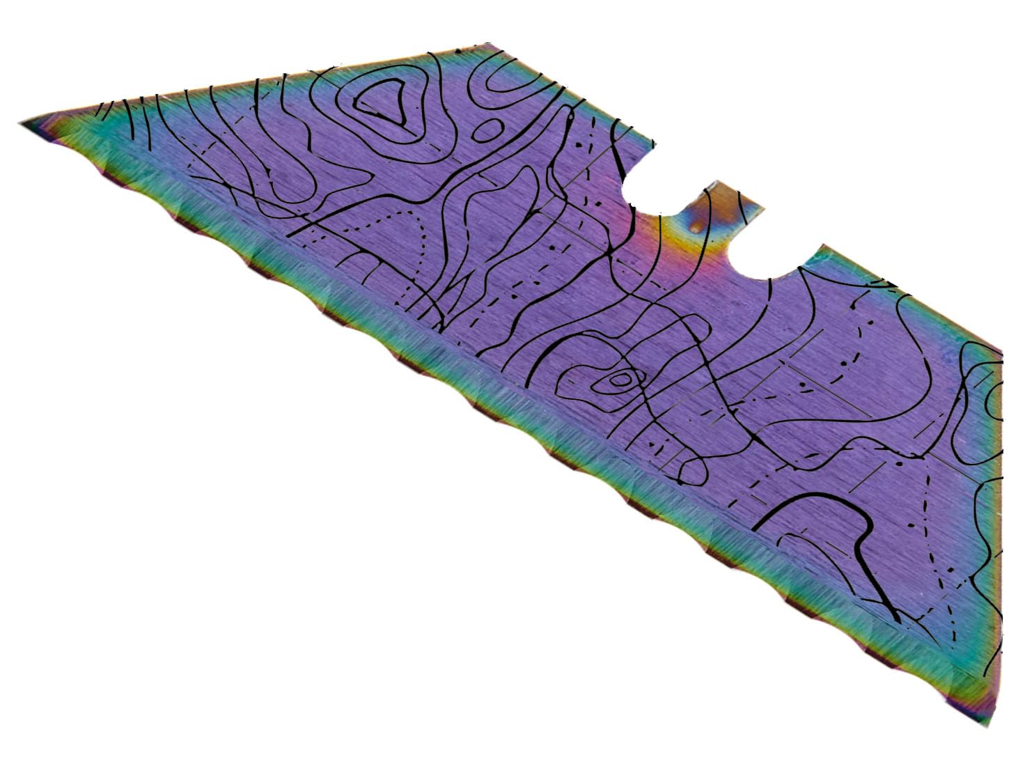 NDZ Performance Serrated Steel Blade Replacement for Berkling Utility Knife, Custom Double Sided Laser Engraved Designs, Rainbow - Topographic Map, 3 Pack