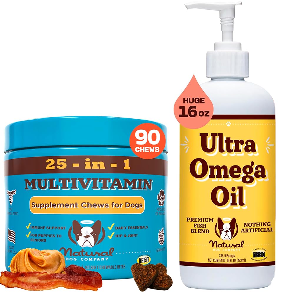 Natural Dog Company Multivitamin Chews and Ultra Omega Oil for Active Dogs - Nutrient-Rich Dog Treats with Omega-3 and Essential Vitamins, Supports Cognitive Health and Overall Vitality for All Breeds