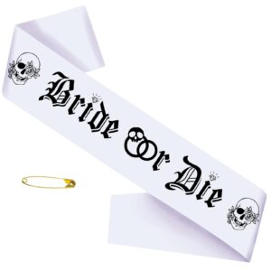 gothic bride or die sash with black printed, white bride to be bachelorette sash for hen party bridal shower engagement wedding party decorations supplies accessories favors gift (white+black)