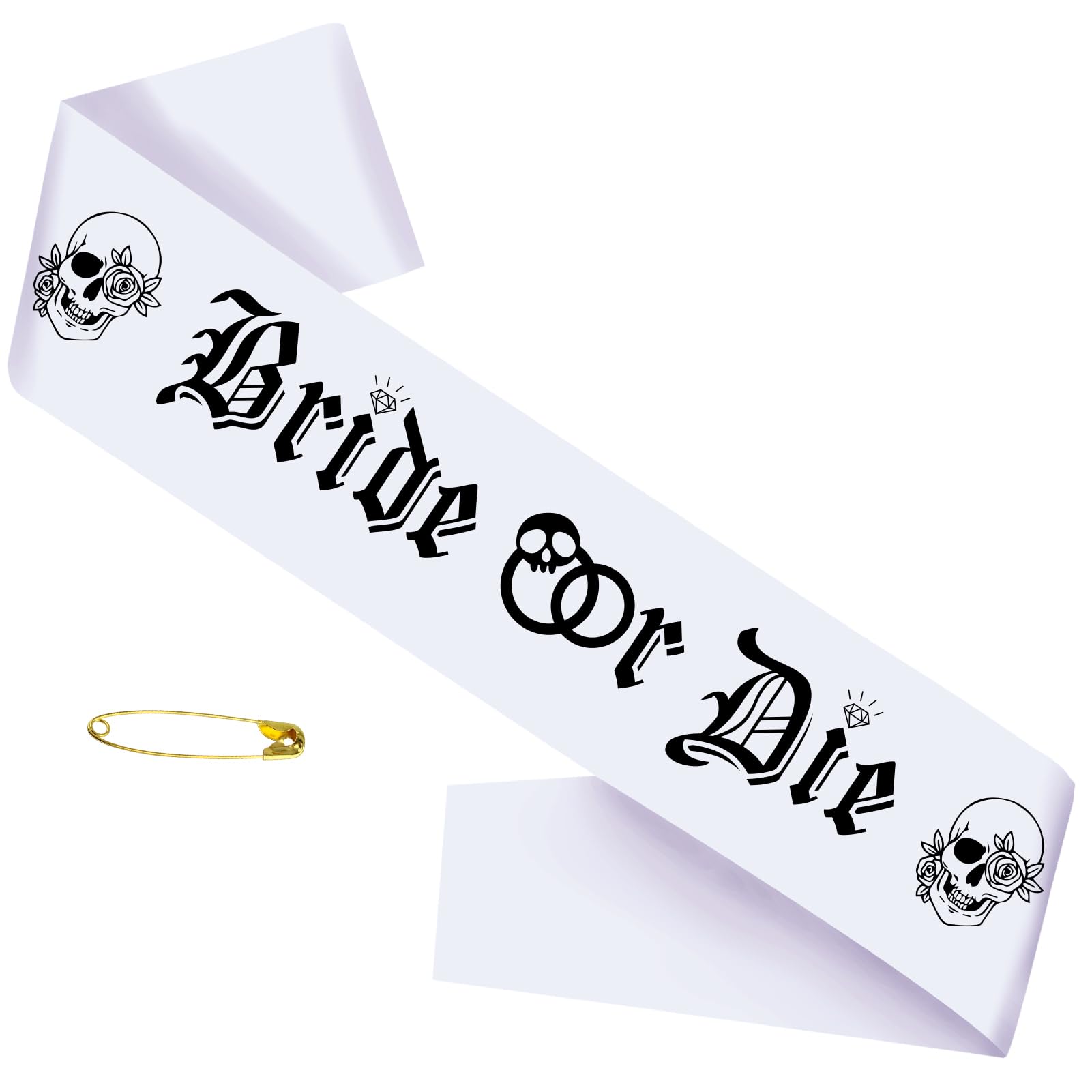 Gothic Bride or Die Sash with Black Printed, White Bride to Be Bachelorette Sash for Hen Party Bridal Shower Engagement Wedding Party Decorations Supplies Accessories Favors Gift (White+Black)