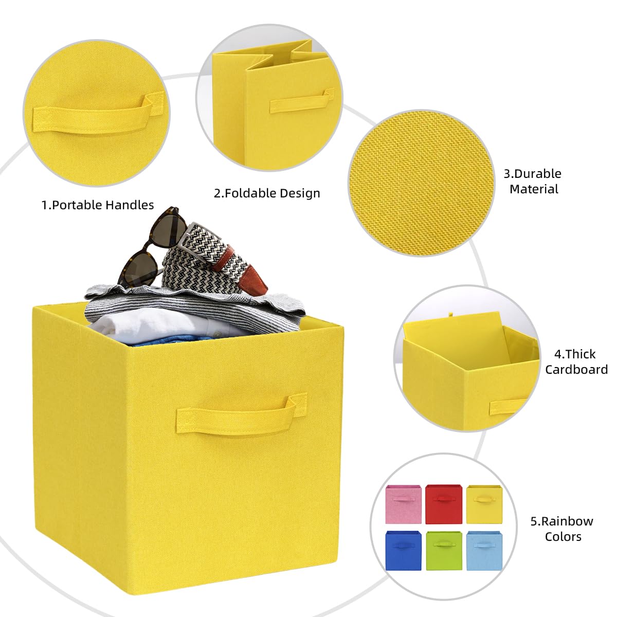 11x11 Collapsible Storage Bins, Cubby Storage Boxes with Handles for Organizing Shelf Closet, Home Decor, 2 Pack, Yellow