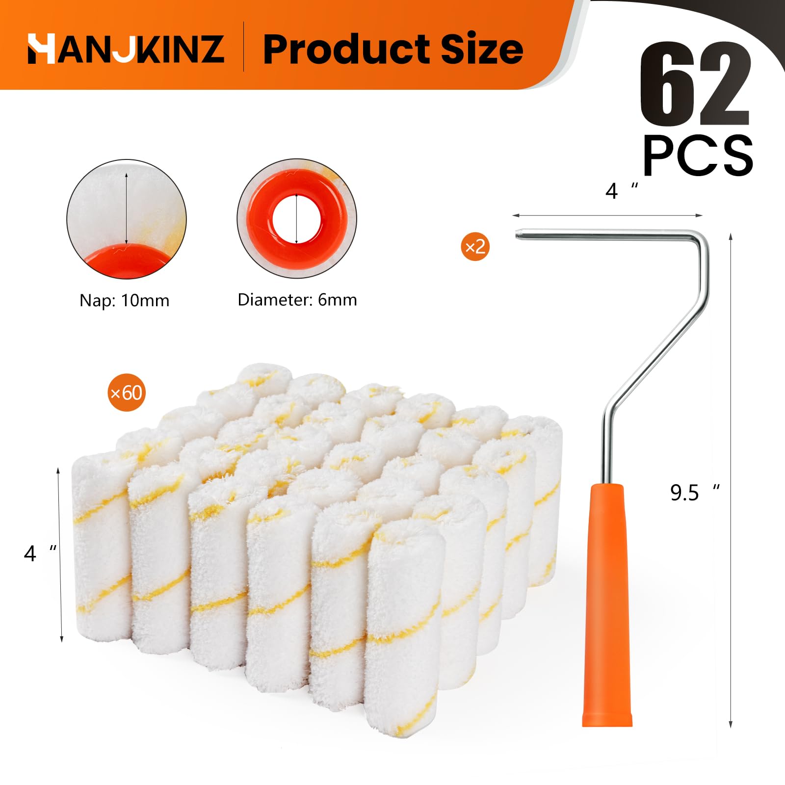 HANJKINZ Microfiber Paint Roller 4 Inch, Small Paint Roller Covers (3/8-Inch Nap, 60 Pack), Mini Paint Rollers for House Painting with Paint Roller Frame, Wall Painting Tool