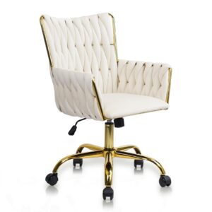 clatina velvet home office chair, modern ergonomic swivel vanity chair with arm and wheels, mid back desk chair with gold base for computer study makeup living room bedroom, white (white, 1 pk)