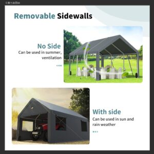 10x16 Carport, Heavy Duty Car Port with Galvanized Steel Frame, Removable Sidewalls & Doors, Portable Garage with Bindings, Sandbags and Lights, Car Shelter Shed Canopy for SUV, Truck, Boats