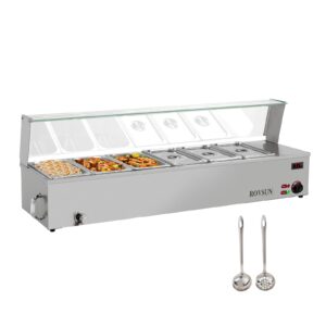 rovsun 48qt 1500w electric commercial food warmer, 6-pan steam table 8qt/pan stainless steel bain marie countertop w/acrylic shield temperature control & lid for buffet restaurant 110v