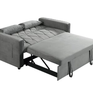 Convertible Sofa Bed Twin Size, 3 in 1 Sleeper Loveseat with Pull-Out Bed, Upholstered Velvet Futon Couch Bed with USB Port and Side Pocket, Hide Sleep Sofa for Small Spaces, Grey, Rhombic Pattern