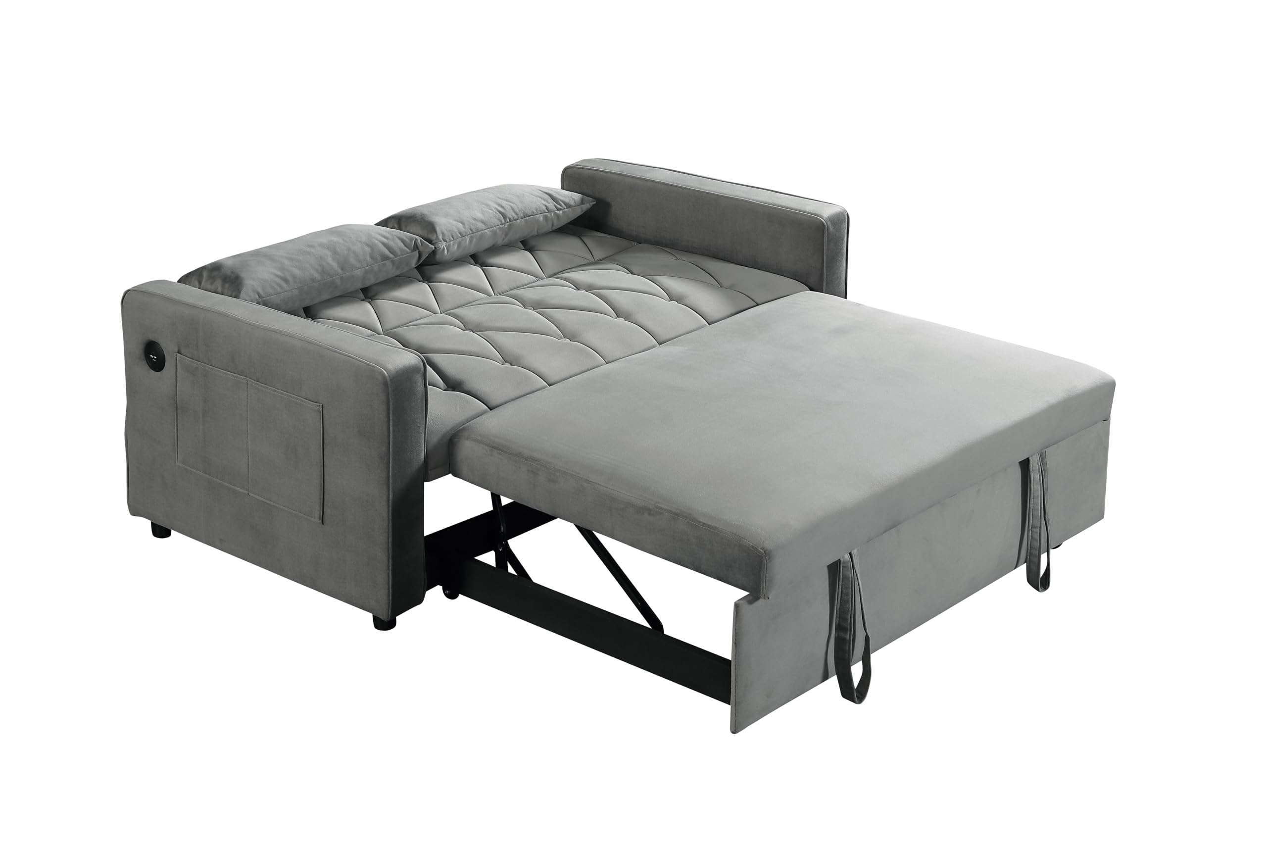 Convertible Sofa Bed Twin Size, 3 in 1 Sleeper Loveseat with Pull-Out Bed, Upholstered Velvet Futon Couch Bed with USB Port and Side Pocket, Hide Sleep Sofa for Small Spaces, Grey, Rhombic Pattern