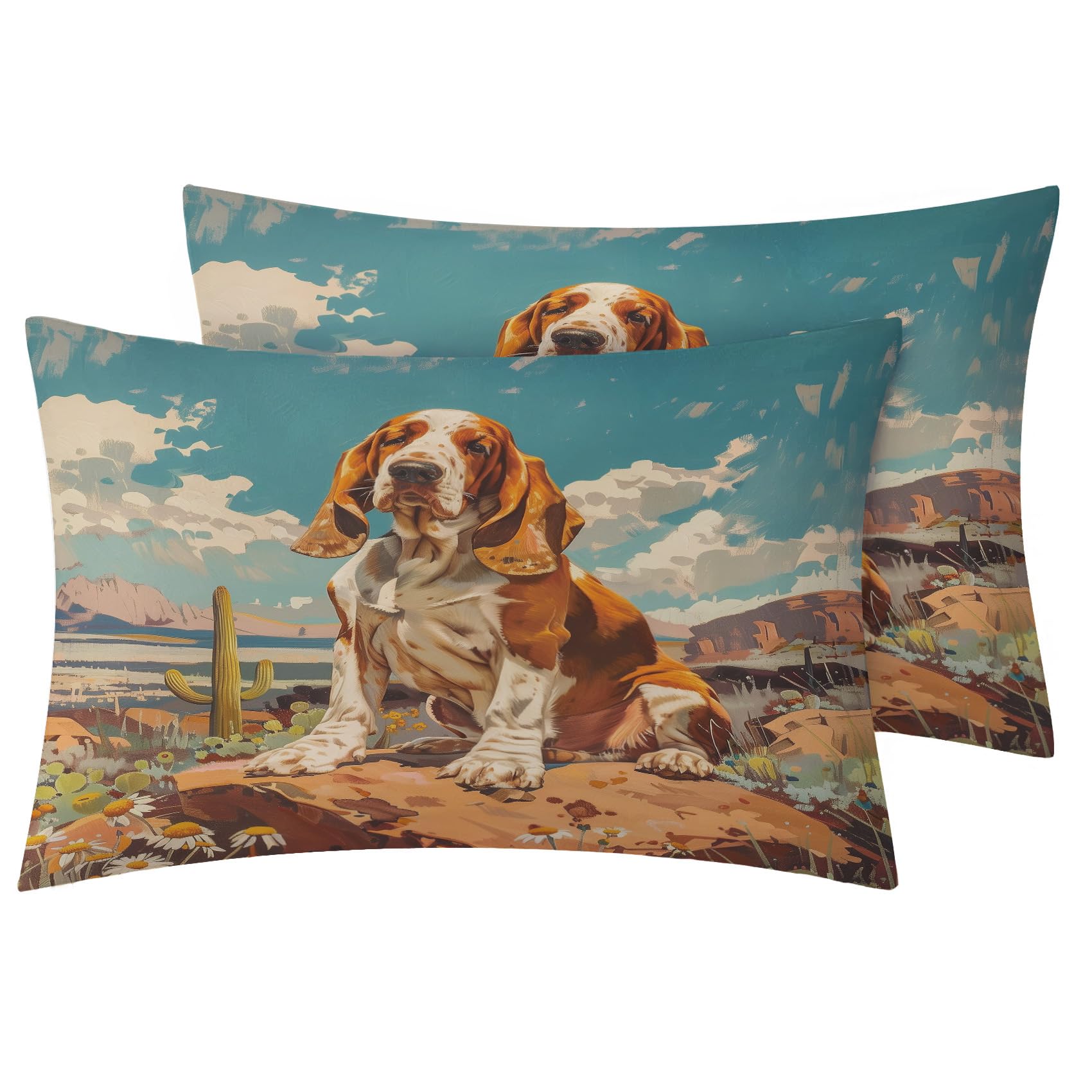 FJWXCBD Basset Hound Dog Bedding Queen Size Duvet Cover Set 3 Piece, 3D Animal Bedroom Decor, Desert Landscape Duvet Cover & 2 Pillow Shams, with Zipper & Ties, Super Soft Microfiber