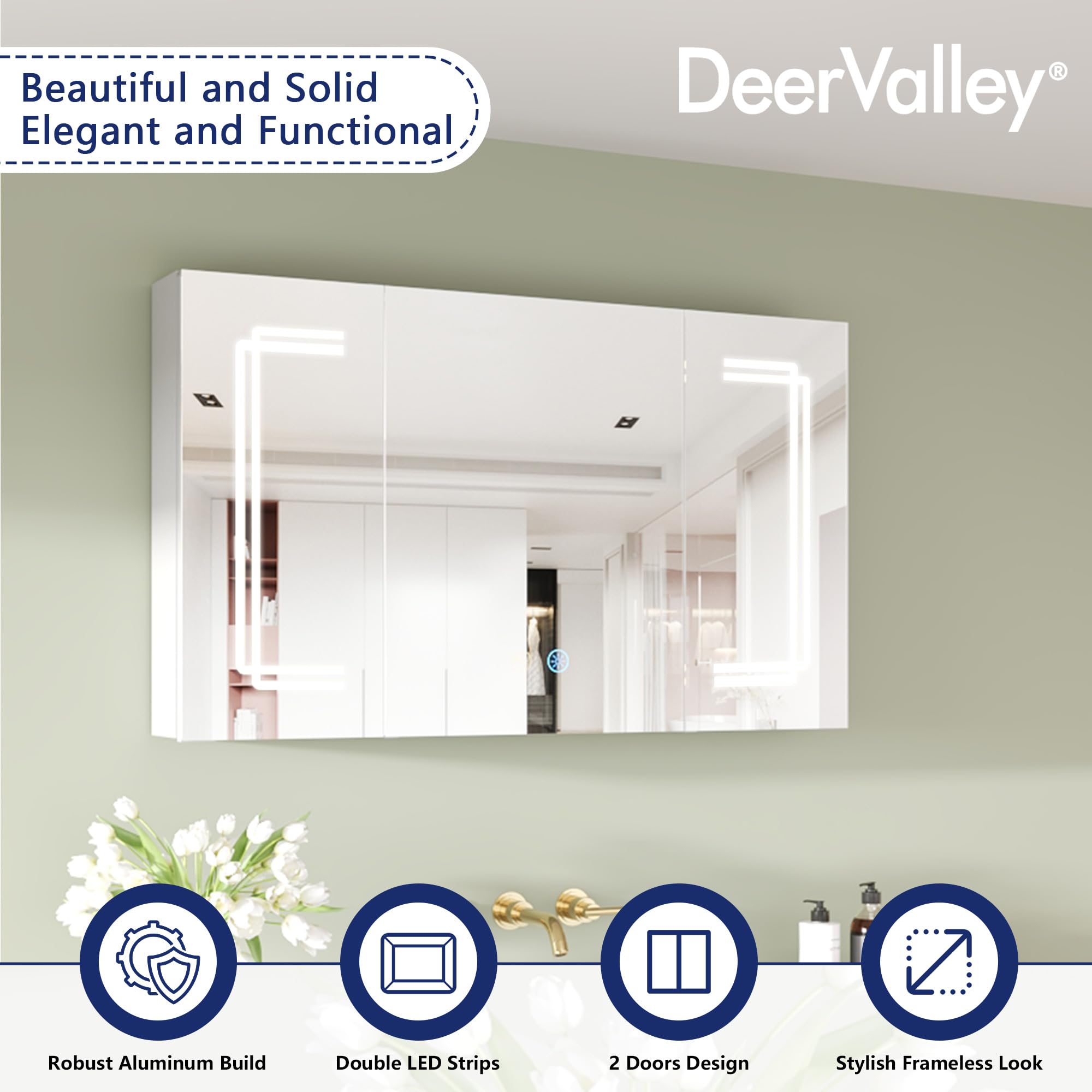 Deer Valley DV-1VM0238 Medicine Cabinets for Bathroom with Mirror, 39.97"x 23.62" Wall Mounted LED Medicine Cabinet Organizer with Defogger, Dimmer, Bluetooth Speaker, Three Doors