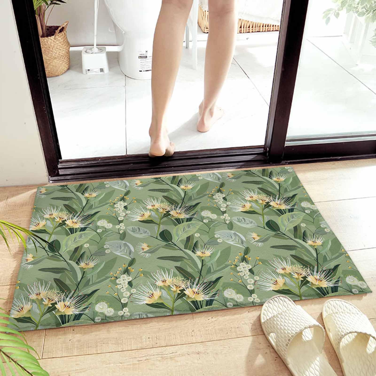 Edwiinsa Tropical Flower Plush Rug Non Slip Bathroom Mat, Soft Shaggy Bath Rugs Entryway Rug 18'' x 30'', Green Palm Leaves Botanical Spring Summer Throw Floor Carpet Mat for Bathroom Shower Kitchen