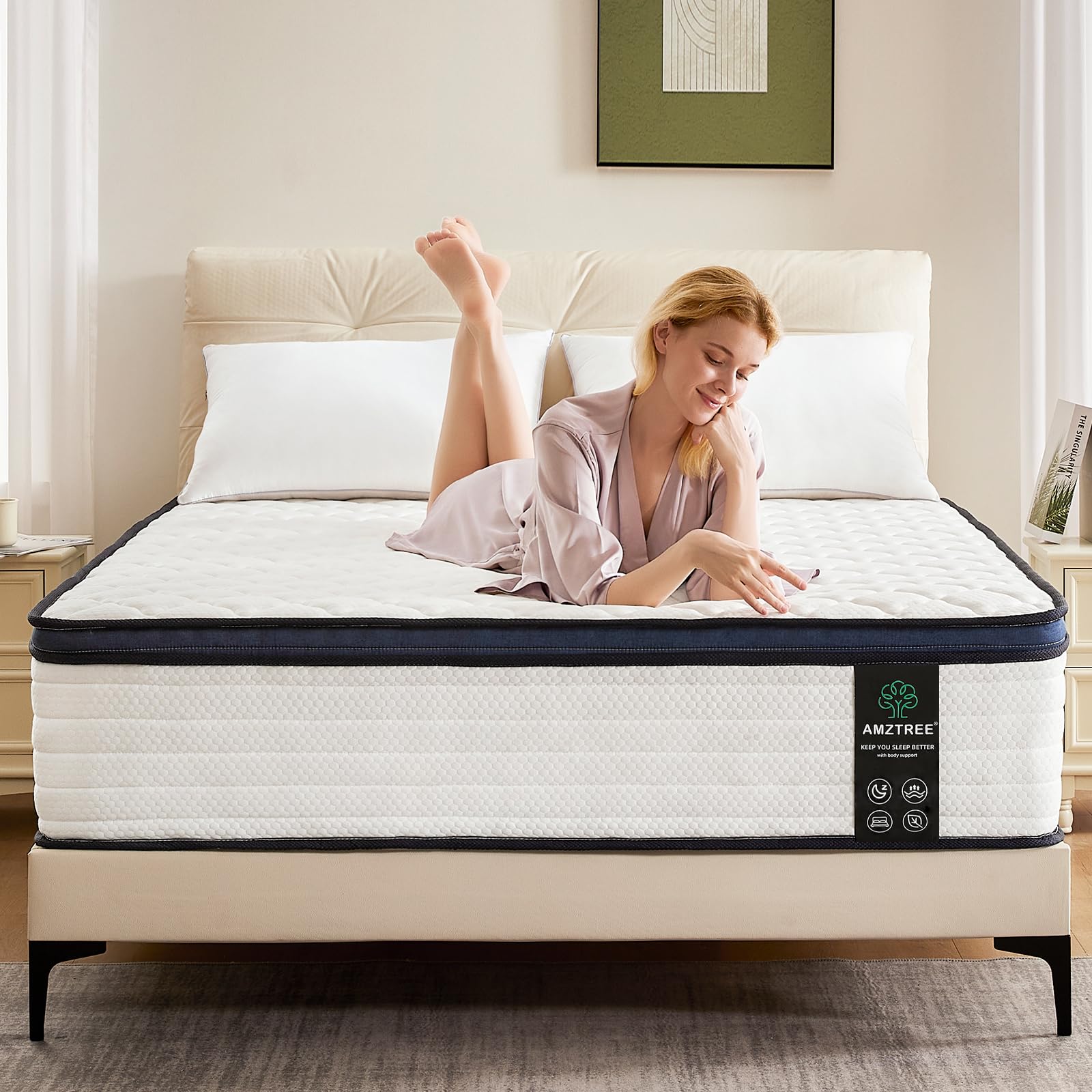 Amztree Queen Mattress 12 Inch Mattress Queen Size - Memory Foam & Pocket Coils Springs, Pressure Relief, Medium Firm Comfort, Motion Isolation, Ideal for All Sleep Positions, CertiPUR-US Certified