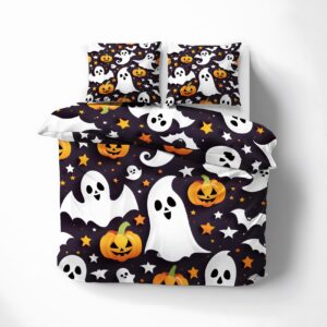 Halloween Bedding California King Size, Spooky Pumpkin Ghost Bat Duvet Cover Set & Bedroom Decor - Cozy Soft Breathable Microfiber, 2 Pillow Shams, with Zip Closure Corner Ties - No Comforter