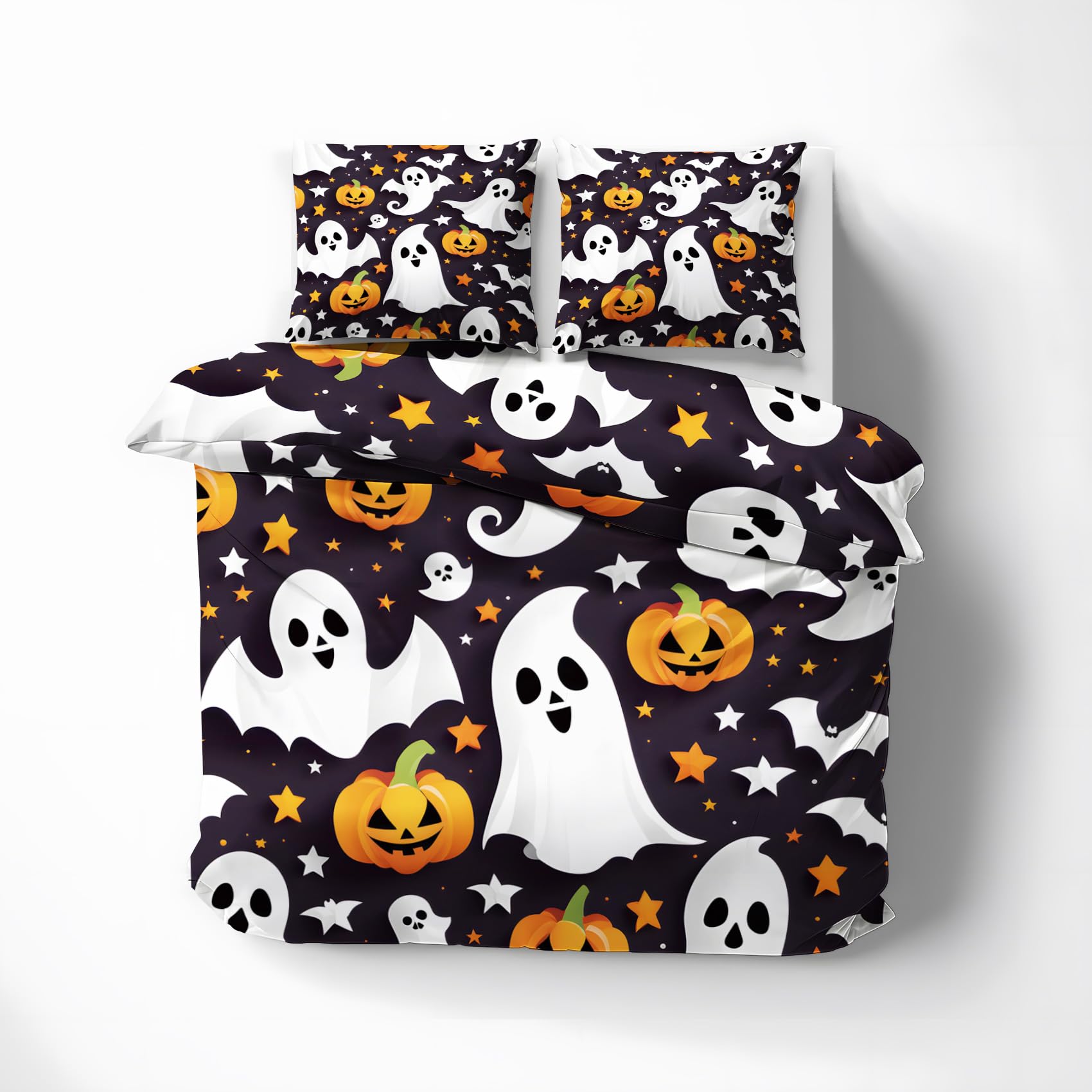 Halloween Bedding California King Size, Spooky Pumpkin Ghost Bat Duvet Cover Set & Bedroom Decor - Cozy Soft Breathable Microfiber, 2 Pillow Shams, with Zip Closure Corner Ties - No Comforter