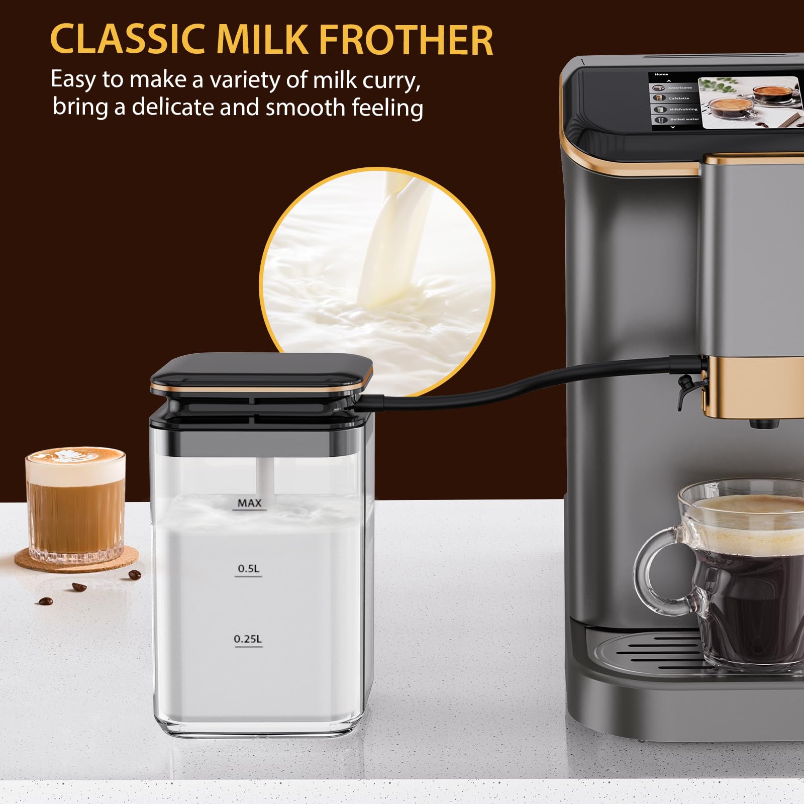 GarveeHome Espresso Maker with Automatic Milk Frother One Touch Control, Coffee Maker Built-in Grinder, 15 Brewing Options, Super Automatic Convenience, 1350W, Gold Gray