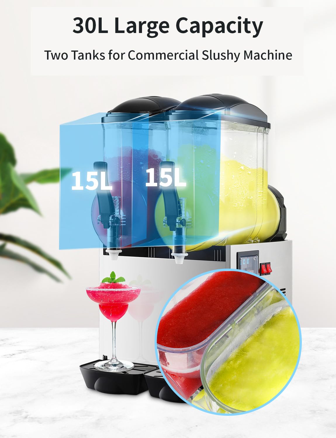 Commercial Slushy Machine, 30L Margarita Machine, Slush Frozen Drink Maker with Automatic Cleaning, Stainless Steel Margarita Smoothie Slushie Machine for Restaurant Bar Party