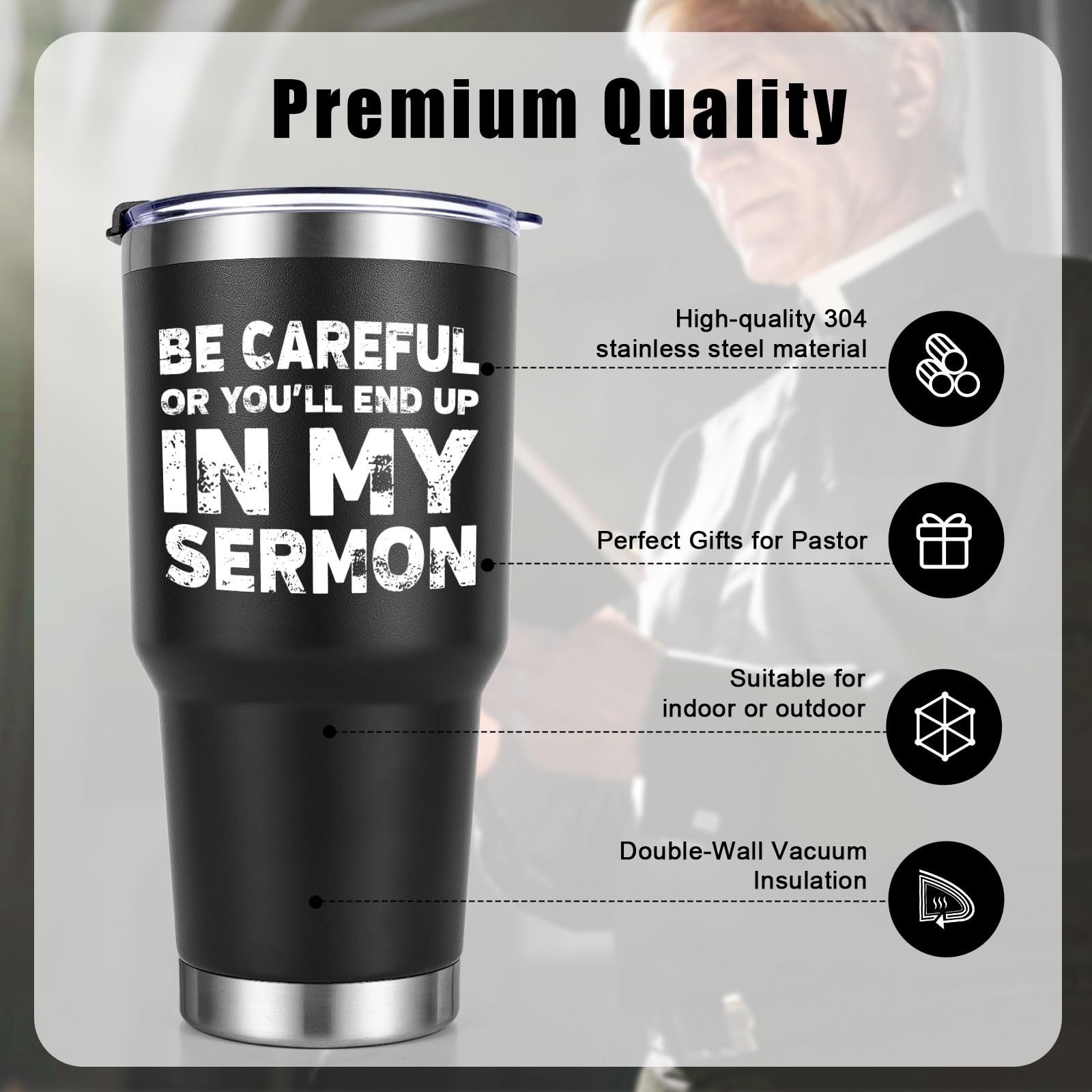 Lifecapido Pastor Gifts, Pastor Appreciation Gifts, Be Careful or You Will End Up In My Sermon Insulated Tumbler, Funny Christmas Gifts Church Gifts for Men Pastor Preacher Minister, 30oz Black