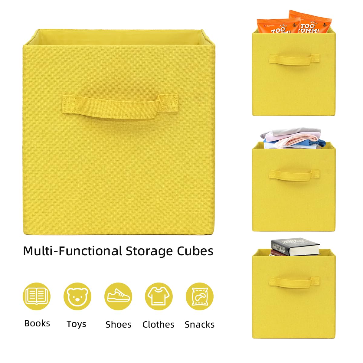 11x11 Collapsible Storage Bins, Cubby Storage Boxes with Handles for Organizing Shelf Closet, Home Decor, 2 Pack, Yellow