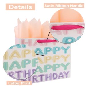 13” Large Colorful Happy Birthday Gift Bag Set with Handles, Greeting Card, Tissue Papers and Stickers for Women Girls, Words Design, 1 Pcs