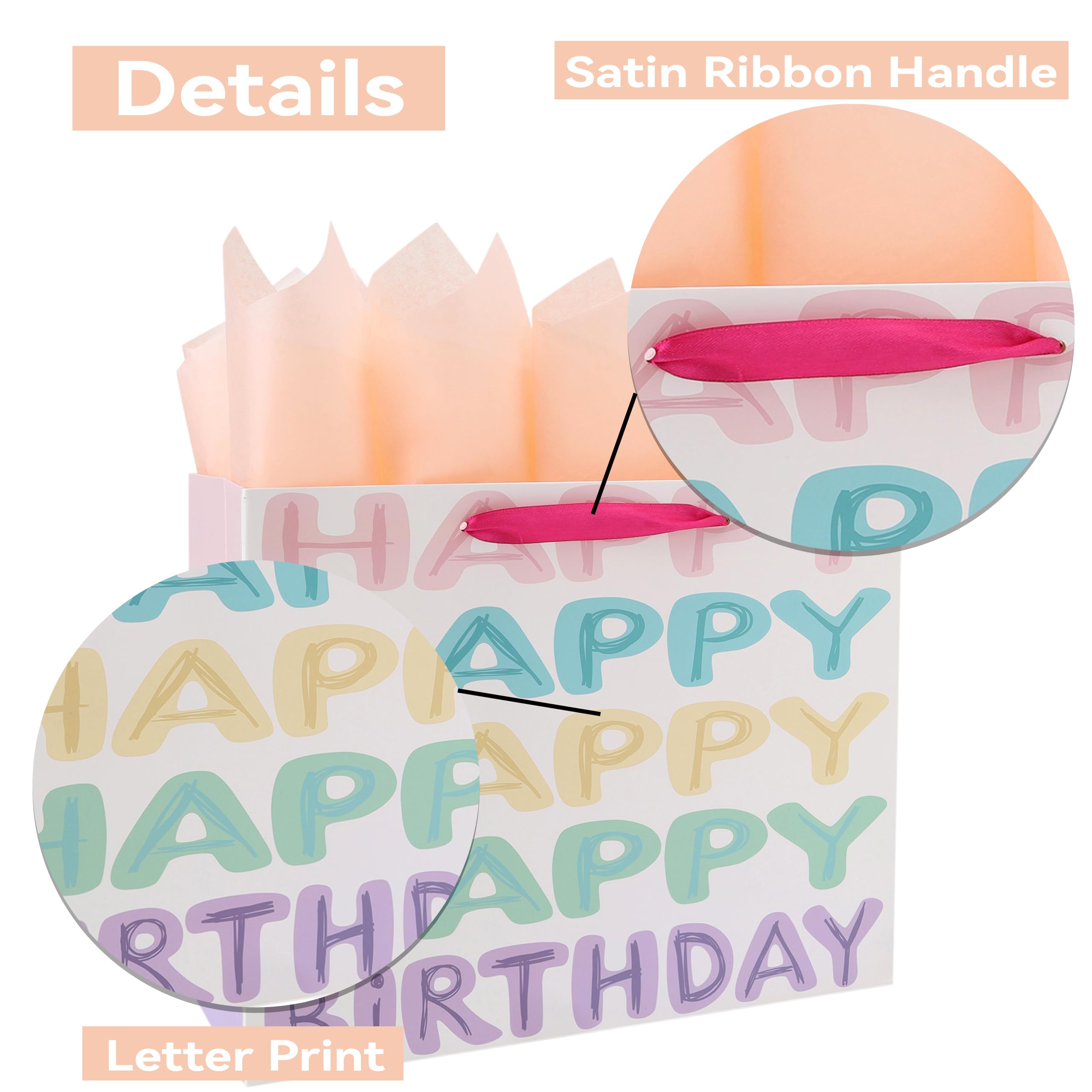 13” Large Colorful Happy Birthday Gift Bag Set with Handles, Greeting Card, Tissue Papers and Stickers for Women Girls, Words Design, 1 Pcs