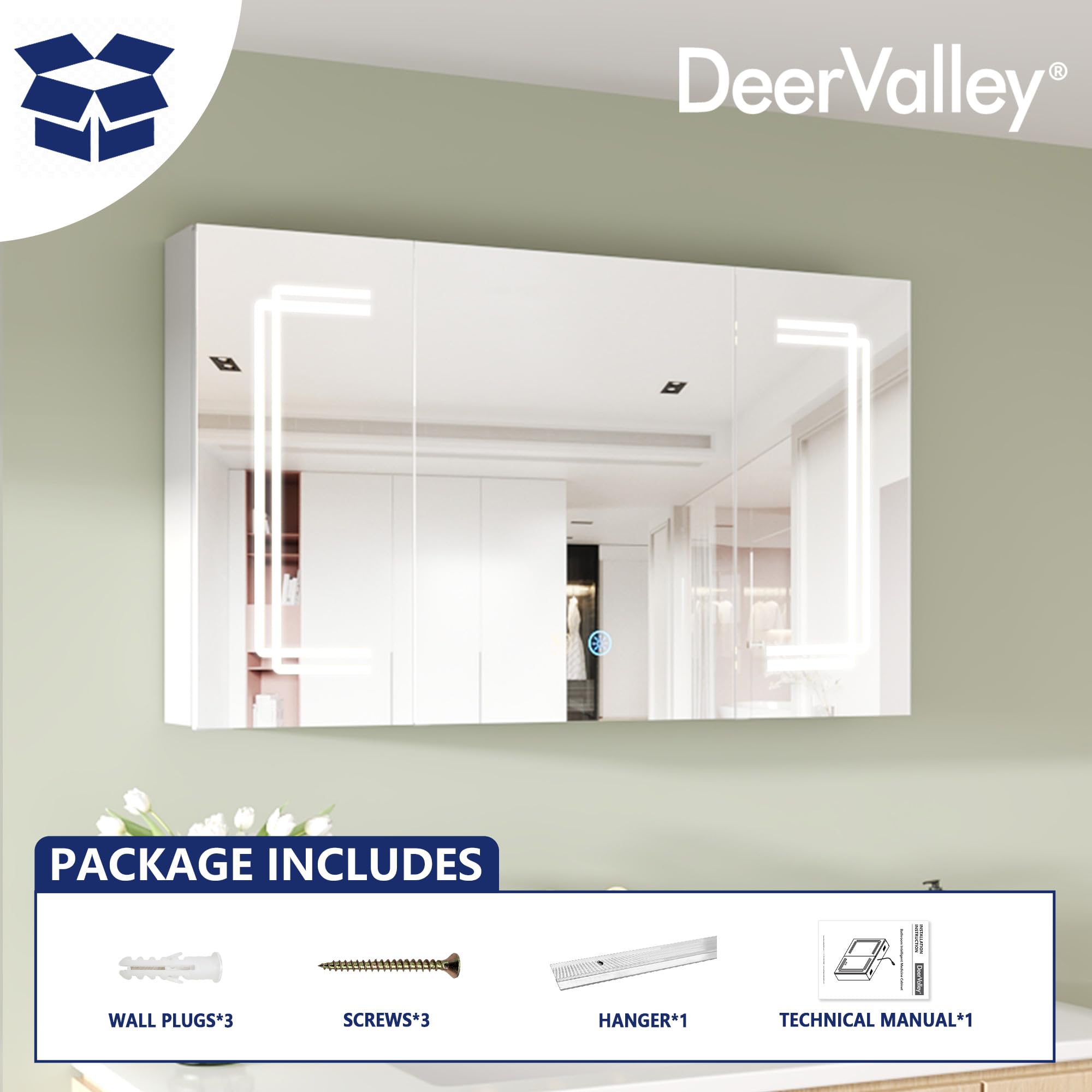 Deer Valley DV-1VM0238 Medicine Cabinets for Bathroom with Mirror, 39.97"x 23.62" Wall Mounted LED Medicine Cabinet Organizer with Defogger, Dimmer, Bluetooth Speaker, Three Doors