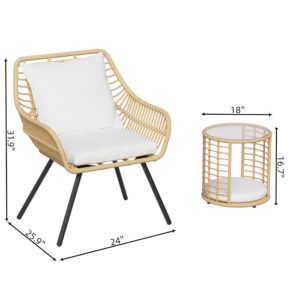 3 Piece Patio Bistro Set, Bistro Table and Chairs Set of 2 with Elevated Back Cushion, Round Glass Top Coffee Side Table, Patio Rattan Conversation Set for Balcony, Lawn, Garden, Backyard, White