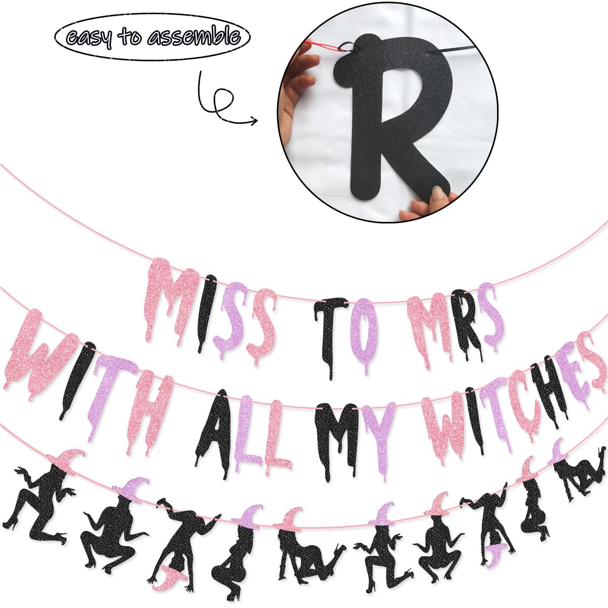 Pink Purple Miss to Mrs with All My Witches Banner Garland for Halloween Bachelorette Party Decorations