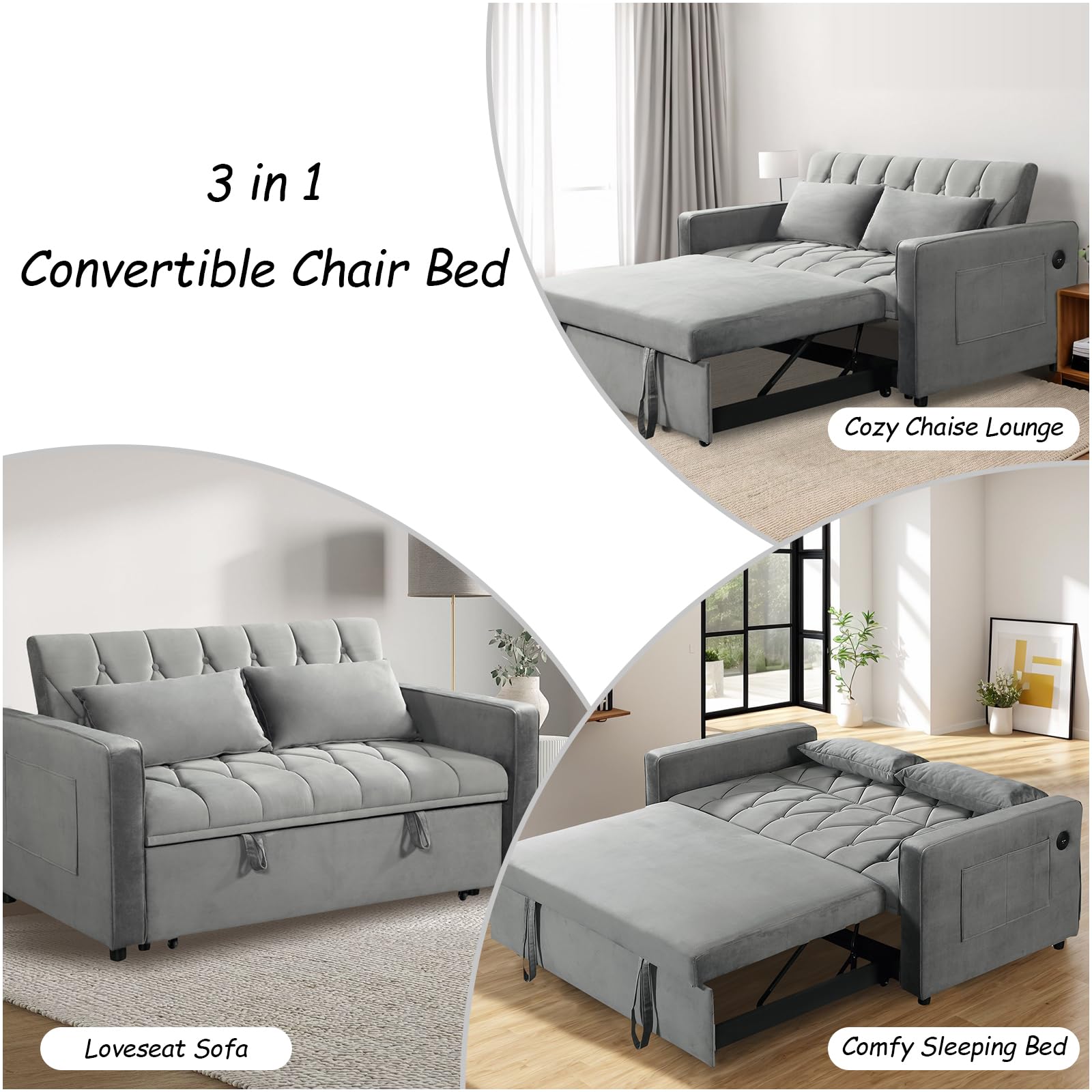 Convertible Sofa Bed Twin Size, 3 in 1 Sleeper Loveseat with Pull-Out Bed, Upholstered Velvet Futon Couch Bed with USB Port and Side Pocket, Hide Sleep Sofa for Small Spaces, Grey, Rhombic Pattern