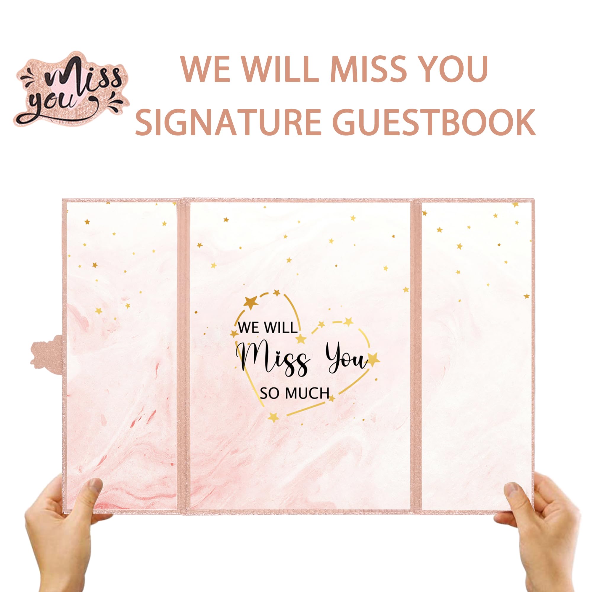 DARUNAXY Rose Gold Farewell Party Decorations for Women, We Will Miss You Very Much Alternative Signature Guest Book Going Away Gifts Signing Card Board for Retirement Graduation Party Supplies