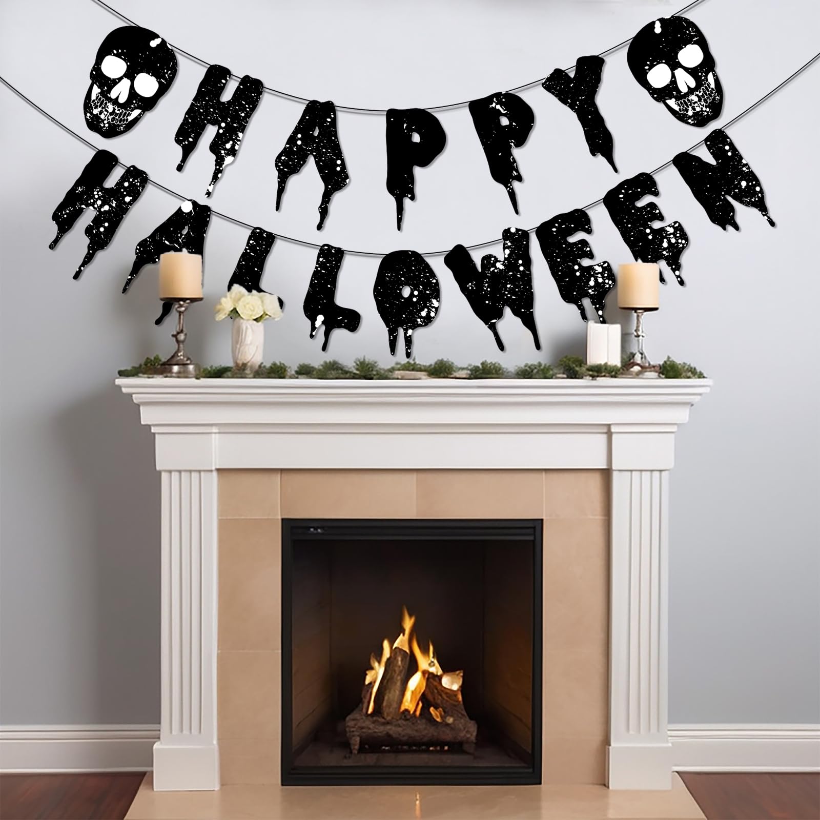 Happy Halloween Banner, 2Pack Halloween Bunting Banner Garland with Spider Pumpkin Sign for Halloween Party Decorations, Halloween Decor for Mantle Fireplace Wall Party Supplies