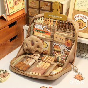 LEEWENYAN Capybara Pencil Case with 12 Compartments 90° Wide Opening Mouth Pencil Pouch with Kawaii Pins Plush Cute Stationery (Brown)