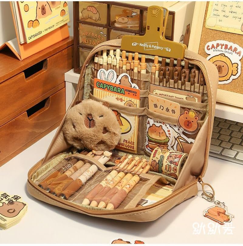 LEEWENYAN Capybara Pencil Case with 12 Compartments 90° Wide Opening Mouth Pencil Pouch with Kawaii Pins Plush Cute Stationery (Brown)