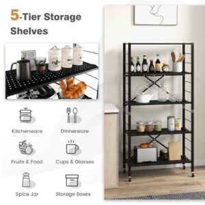 Giantex 5-Tier Folding Bookshelf with Wheels of 2, 60" Tall Foldable Black Metal Shelves for Storage, Freestanding Open Shelving Storage, Easy Assembly Bookcase Display Shelving Rack, Black