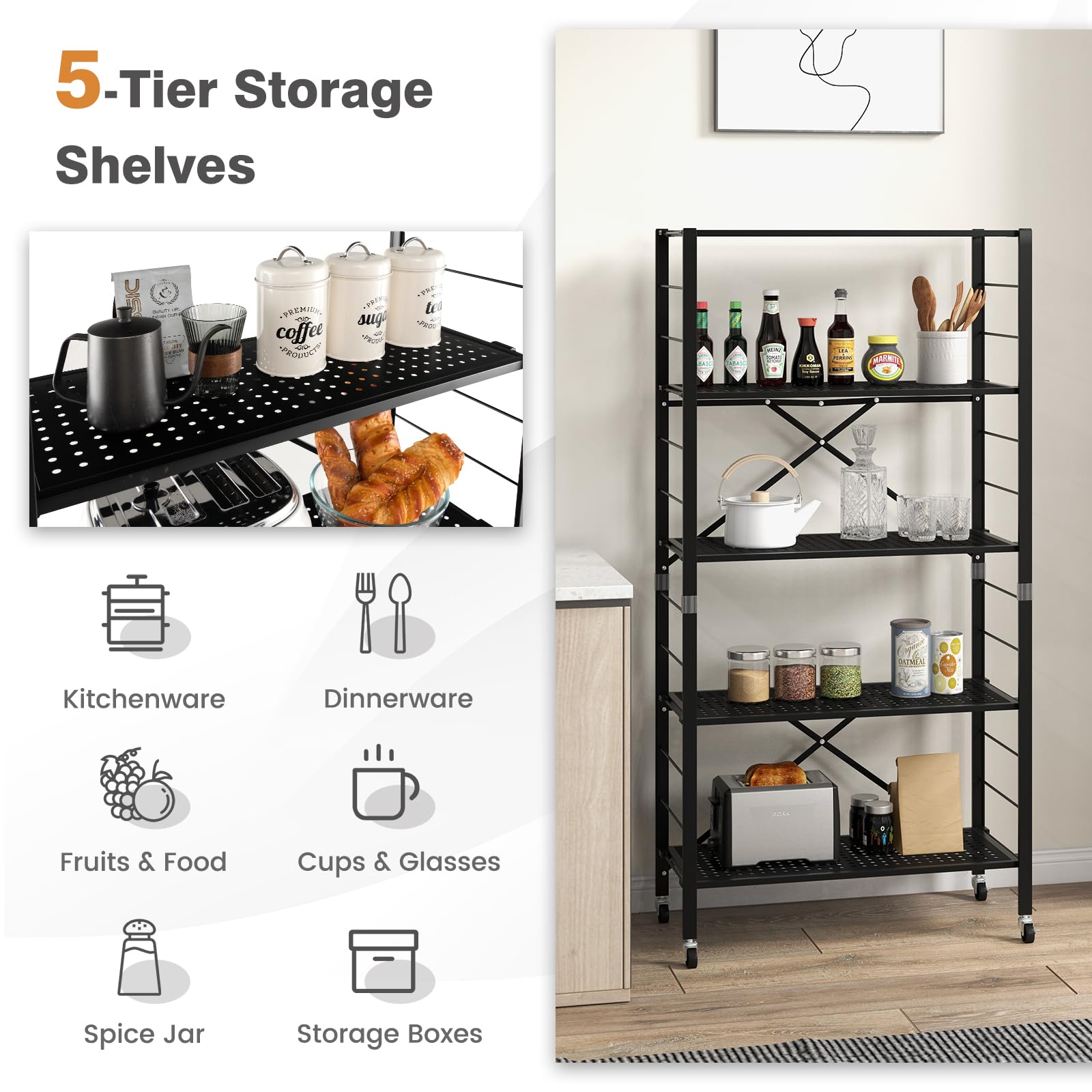 Giantex 5-Tier Folding Bookshelf with Wheels of 2, 60" Tall Foldable Black Metal Shelves for Storage, Freestanding Open Shelving Storage, Easy Assembly Bookcase Display Shelving Rack, Black