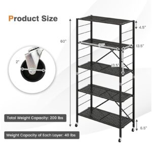 Giantex 5-Tier Folding Bookshelf with Wheels of 2, 60" Tall Foldable Black Metal Shelves for Storage, Freestanding Open Shelving Storage, Easy Assembly Bookcase Display Shelving Rack, Black