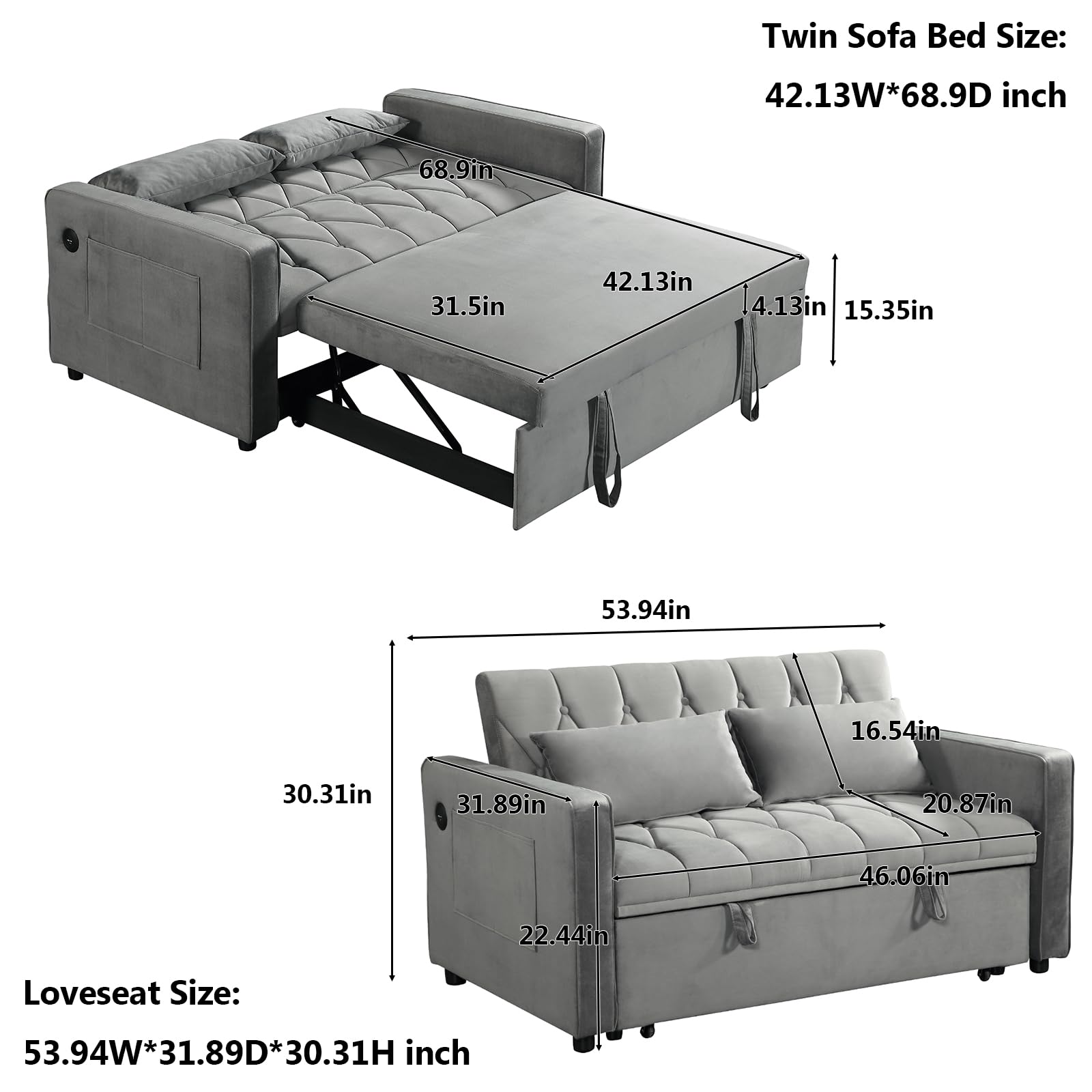 Convertible Sofa Bed Twin Size, 3 in 1 Sleeper Loveseat with Pull-Out Bed, Upholstered Velvet Futon Couch Bed with USB Port and Side Pocket, Hide Sleep Sofa for Small Spaces, Grey, Rhombic Pattern