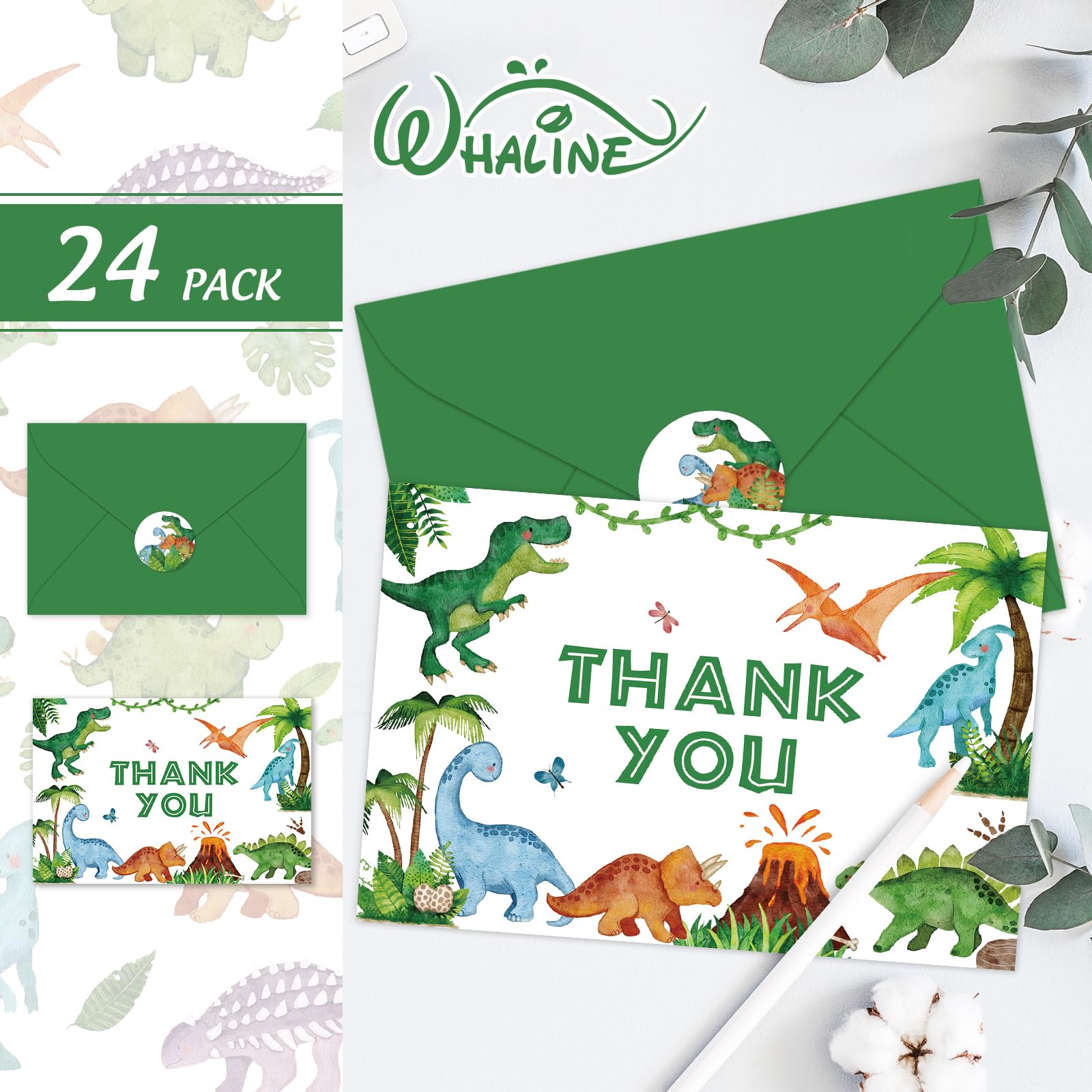 Whaline 24 Pack Dinosaur Thank You Card Watercolor Green Jurassic Greeting Card with Envelopes Sticker Cute Animal Blank Note Card for Baby Shower Party Invitation Supplies, 4 x 6 Inch