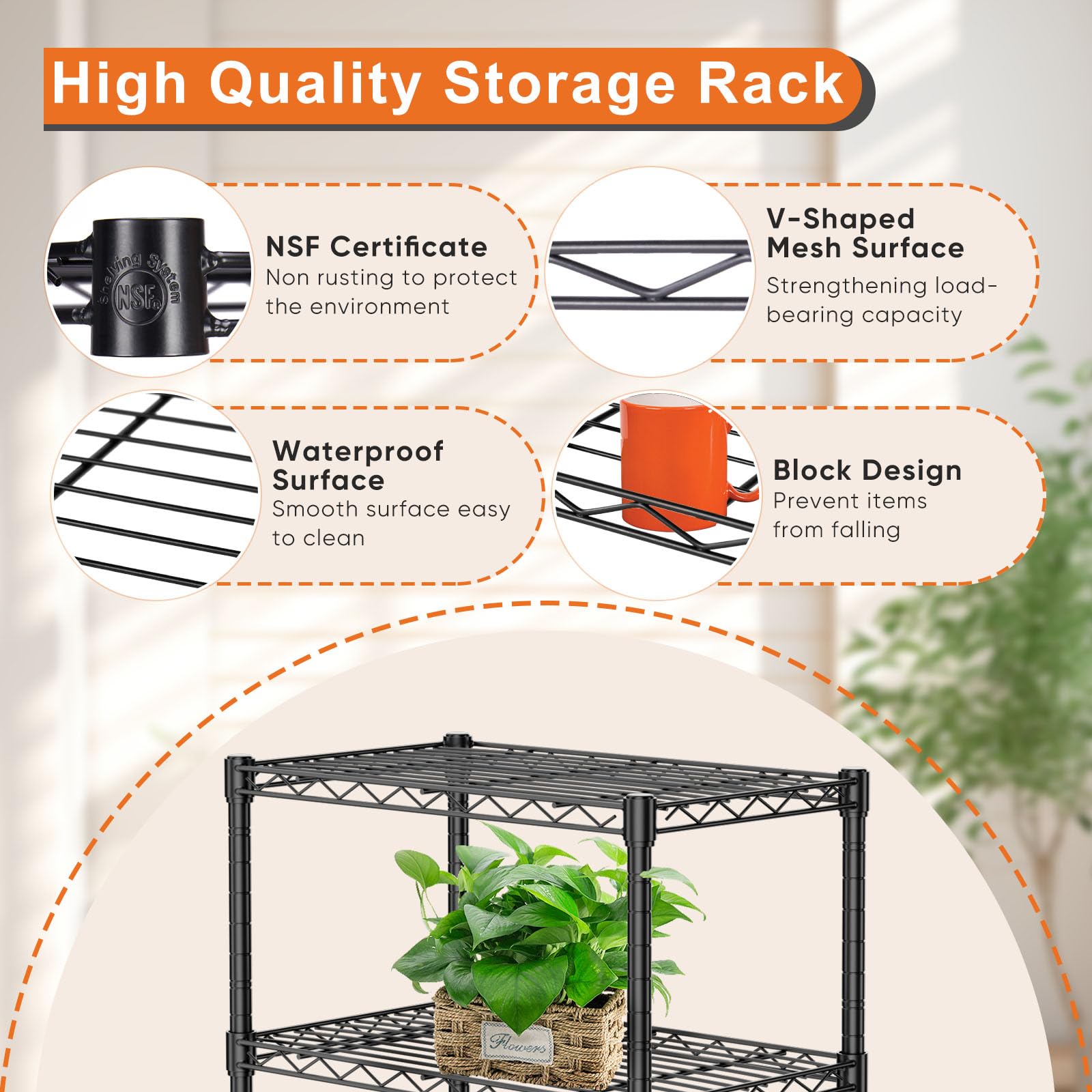 UOCFYK 3-Wire Shelving Metal Storage Rack, Adjustable Steel Wire Racks, Heavy Duty Standing Shelf Organizer for Kitchen, Closet, Pantry, Garage, Laundry, Bathroom, Black