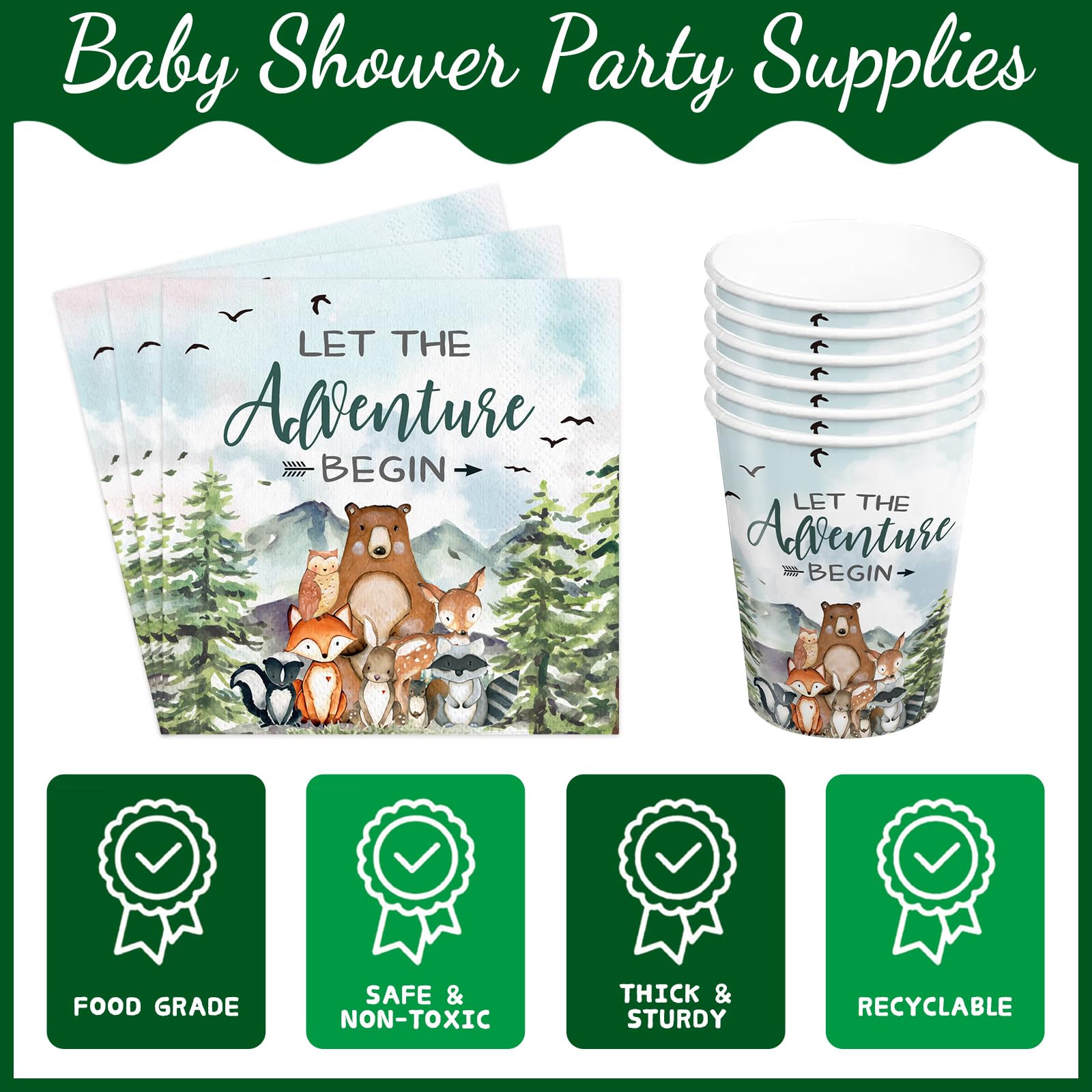 230pcs Let The Adventure Begin Party Supplies Baby Shower Plates Napkins Adventure Tableware Set Disposable Cups Forks Tablecloth Banner and Balloons for Baby Shower Party Decorations Serve 24