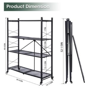 4-Tier Folding Storage Shelves Garage Shelving Unit Foldable Heavy Duty Metal Wire Shelving Organizer Standing Storage Rack Shelf No Assembly with Wheels for Kitchen Pantry Bathroom (4-Tier)