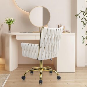 CLATINA Velvet Home Office Chair, Modern Ergonomic Swivel Vanity Chair with Arm and Wheels, Mid Back Desk Chair with Gold Base for Computer Study Makeup Living Room Bedroom, White (White, 1 PK)