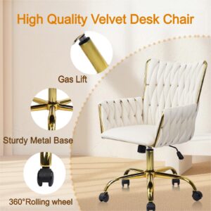 CLATINA Velvet Home Office Chair, Modern Ergonomic Swivel Vanity Chair with Arm and Wheels, Mid Back Desk Chair with Gold Base for Computer Study Makeup Living Room Bedroom, White (White, 1 PK)