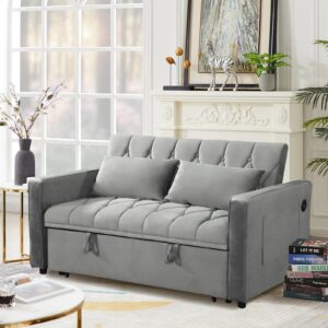 Convertible Sofa Bed Twin Size, 3 in 1 Sleeper Loveseat with Pull-Out Bed, Upholstered Velvet Futon Couch Bed with USB Port and Side Pocket, Hide Sleep Sofa for Small Spaces, Grey, Rhombic Pattern