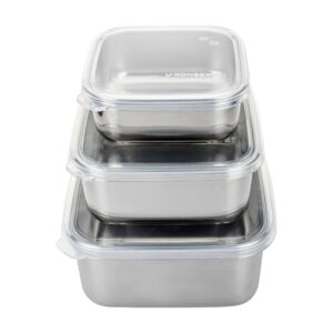 u konserve stainless steel nested trio food storage container bento box, set of 3 (15, 30, & 50 oz), leak resistant, silicone lid, dishwasher safe, plastic free