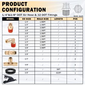 CheeMuii 32 Pcs Brass DOT Air Line Fittings With 50 FT 1/4" and 32.8 FT 3/8" DOT Air Lines Kit 3/8" 1/2" NPT Thread & Quick Connect Fittings for Semi Truck Trailer or Industrial Air System