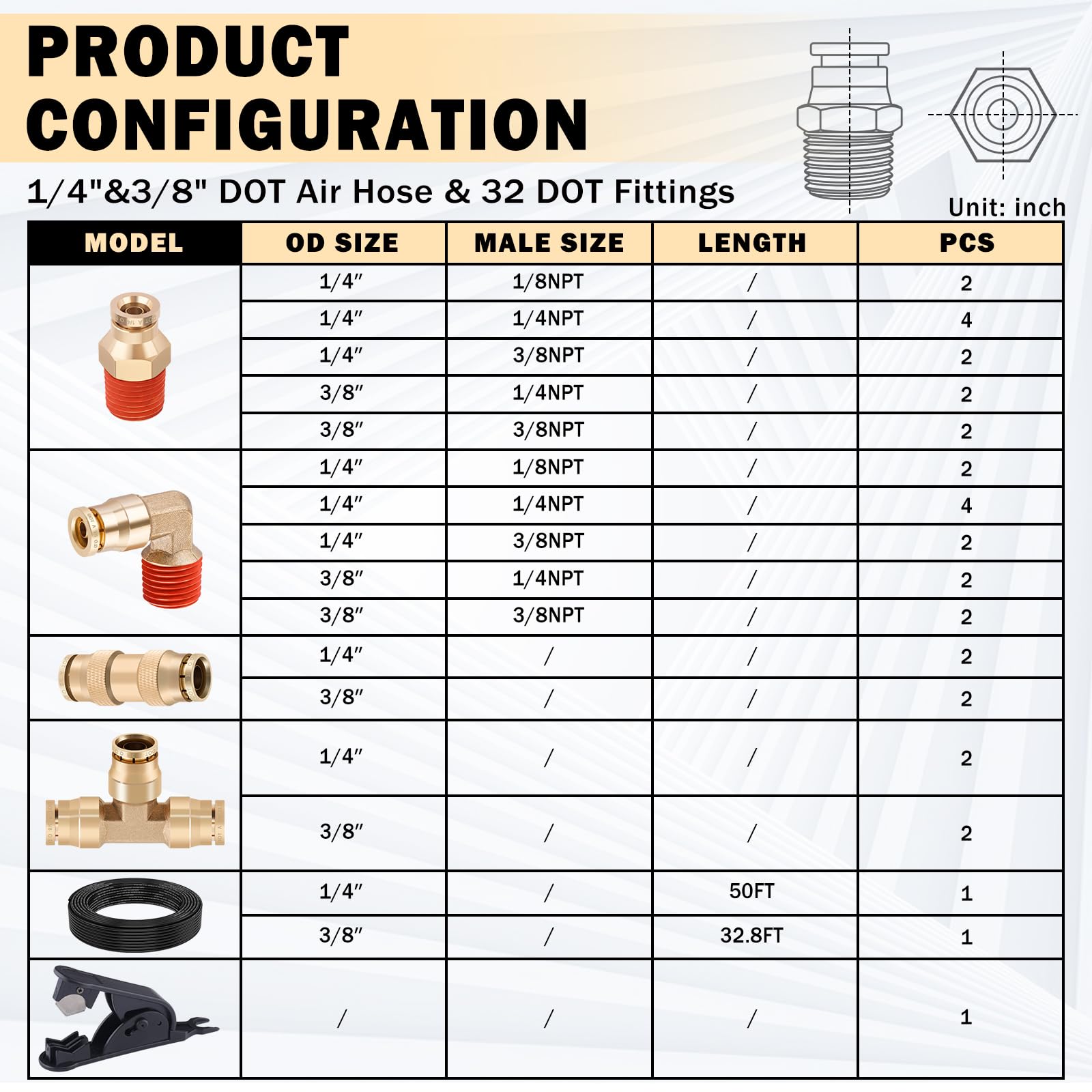 CheeMuii 32 Pcs Brass DOT Air Line Fittings With 50 FT 1/4" and 32.8 FT 3/8" DOT Air Lines Kit 3/8" 1/2" NPT Thread & Quick Connect Fittings for Semi Truck Trailer or Industrial Air System