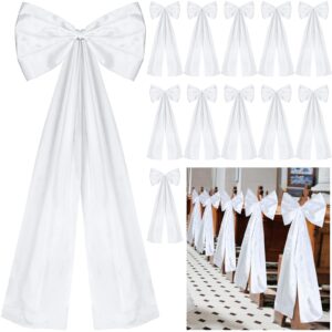 knitgrip large wedding pew bows with long tails 12 x 26 inch wedding aisle decorations bows satin ribbon bows wedding background decor for bridal shower reception wedding ceremony(white,12 pcs)