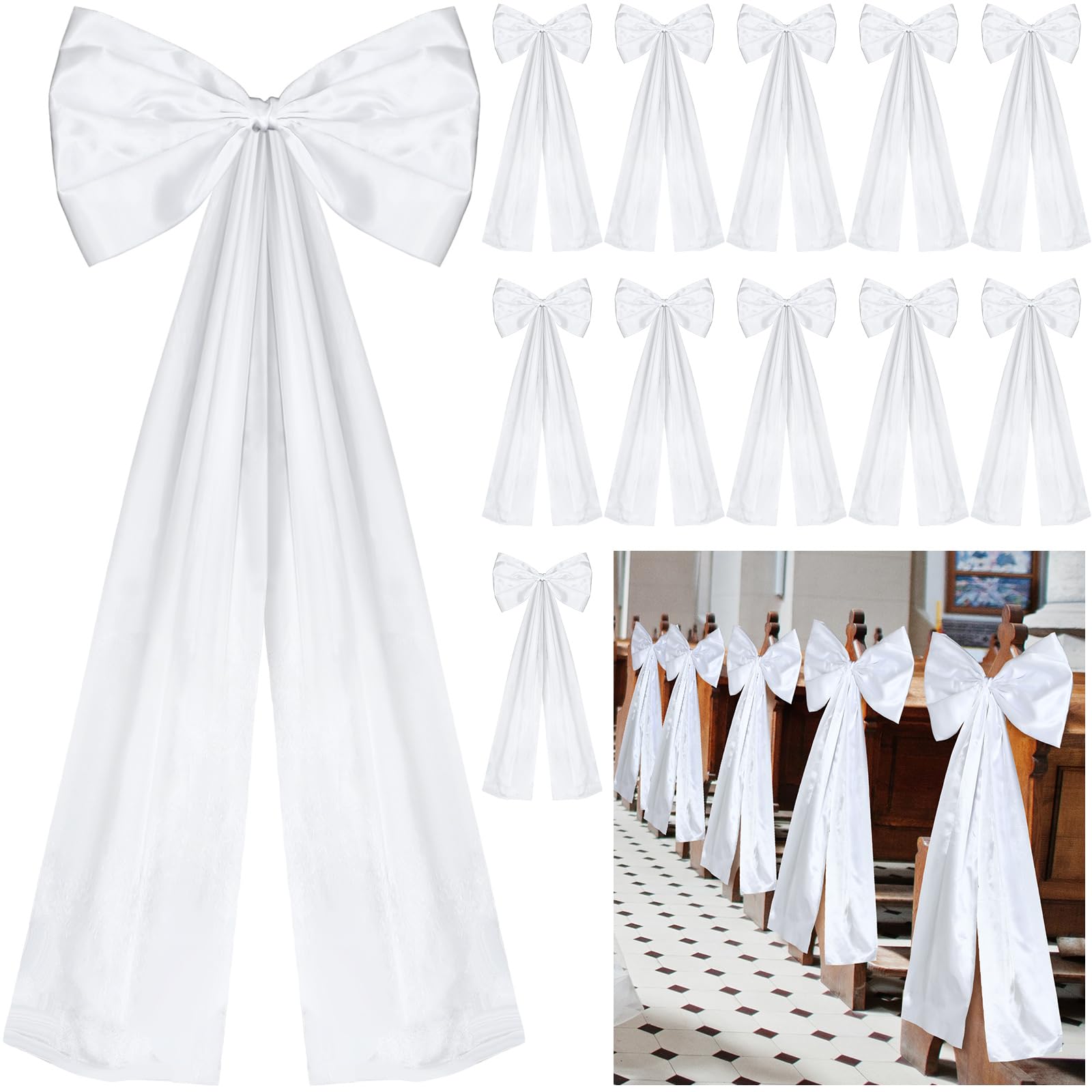 Knitgrip Large Wedding Pew Bows with Long Tails 12 x 26 Inch Wedding Aisle Decorations Bows Satin Ribbon Bows Wedding Background Decor for Bridal Shower Reception Wedding Ceremony(White,12 Pcs)