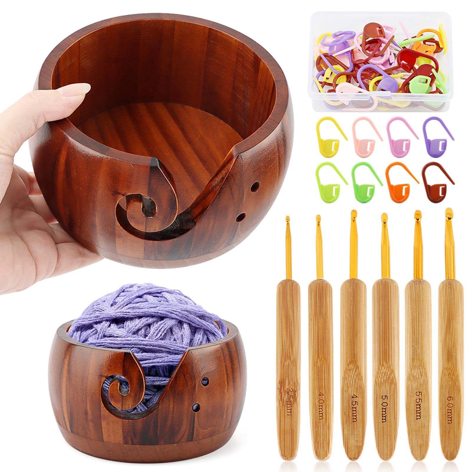 Wooden Yarn Bowl with 6pcs Metal Crochet Hooks and 50pcs Crochet Stitch Markers, Knitting Yarn Bowl with Holes Storage, Handmade Yarn Storage Bowl for DIY Knitting Crocheting Accessories