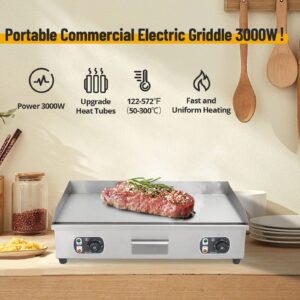 GarveeTech 3000W 29" Electric Countertop Flat Top Griddle Grill Commercial Restaurant Teppanyaki Grill Stainless Steel Tabletop Flat Top Grill Machine with Adjustable Thermostatic Control,110V